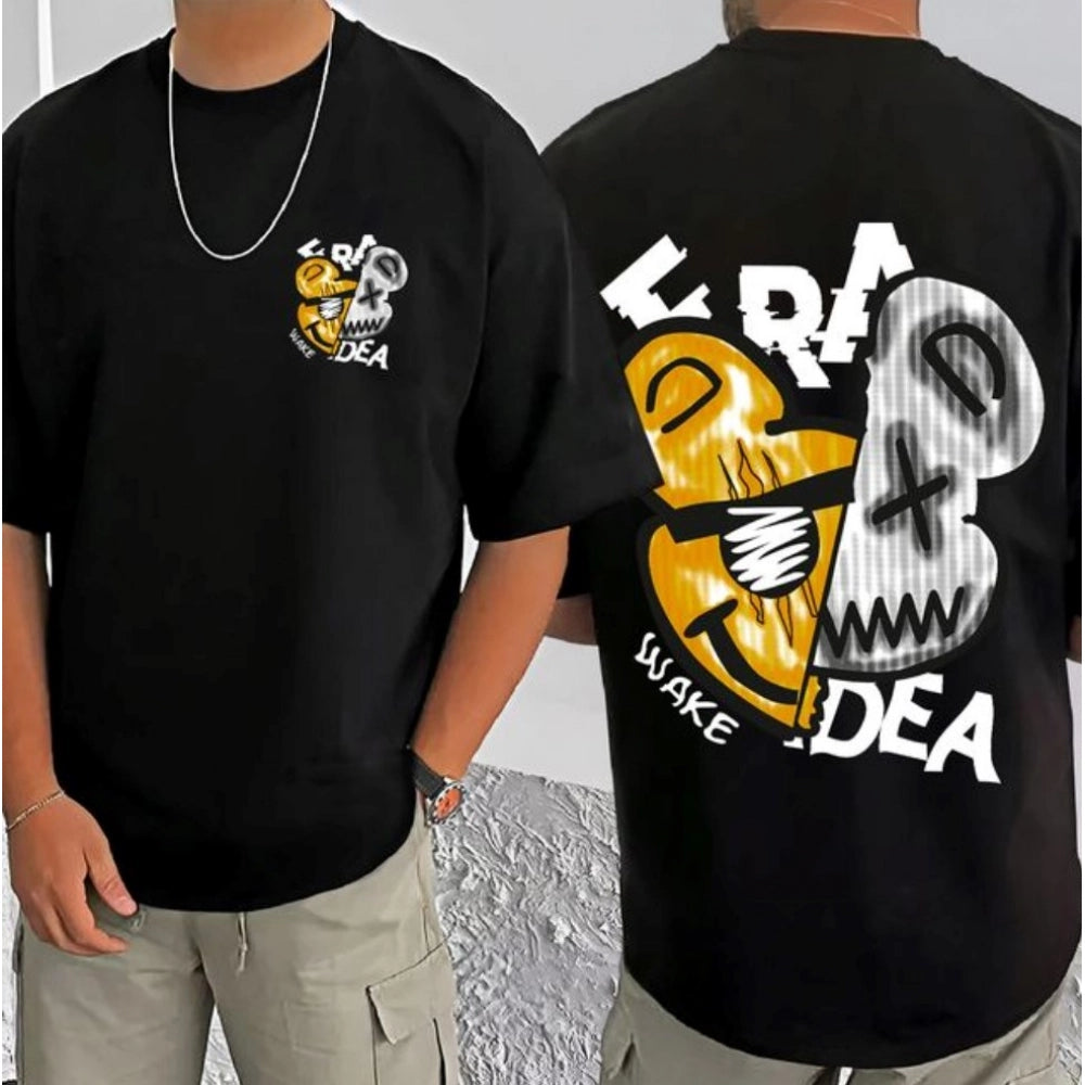 Generic Men's Casual Cotton Blend Printed Round Neck Half Sleeve T-Shirt (Black)