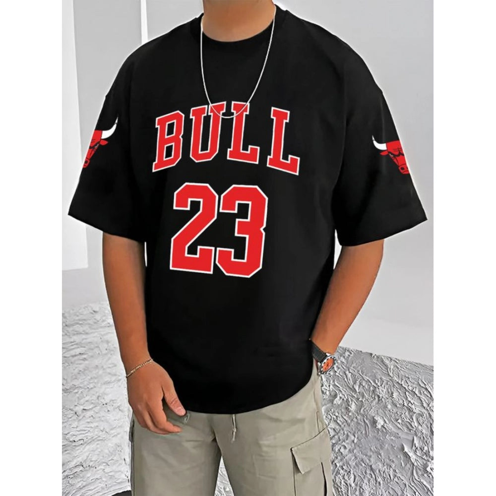 Generic Men's Casual Cotton Blend Printed Round Neck Half Sleeve T-Shirt (Black)