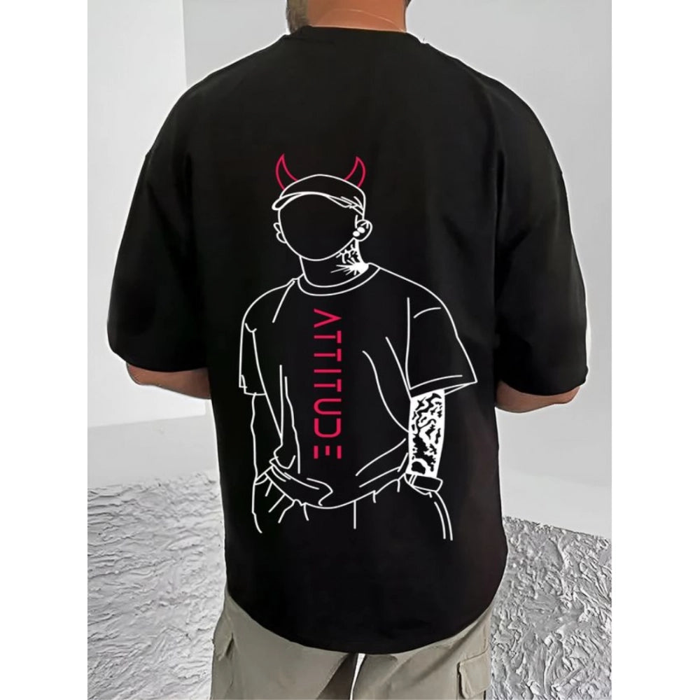 Generic Men's Casual Cotton Blend Printed Round Neck Half Sleeve T-Shirt (Black)