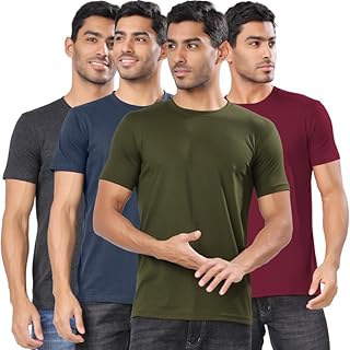 Men's Cotton Blend Regular Fit Solid Round Neck Half Sleeve T-Shirts - Pack of 4